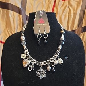 Paparazzi Silver and Black Charm Necklace with Earrings